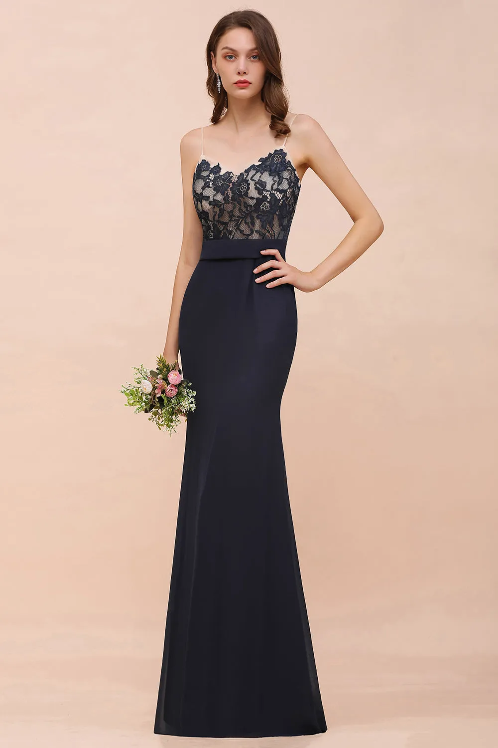 Chic Dark Navy Long Mermaid Spaghetti Straps Bridesmaid Dress with Lace