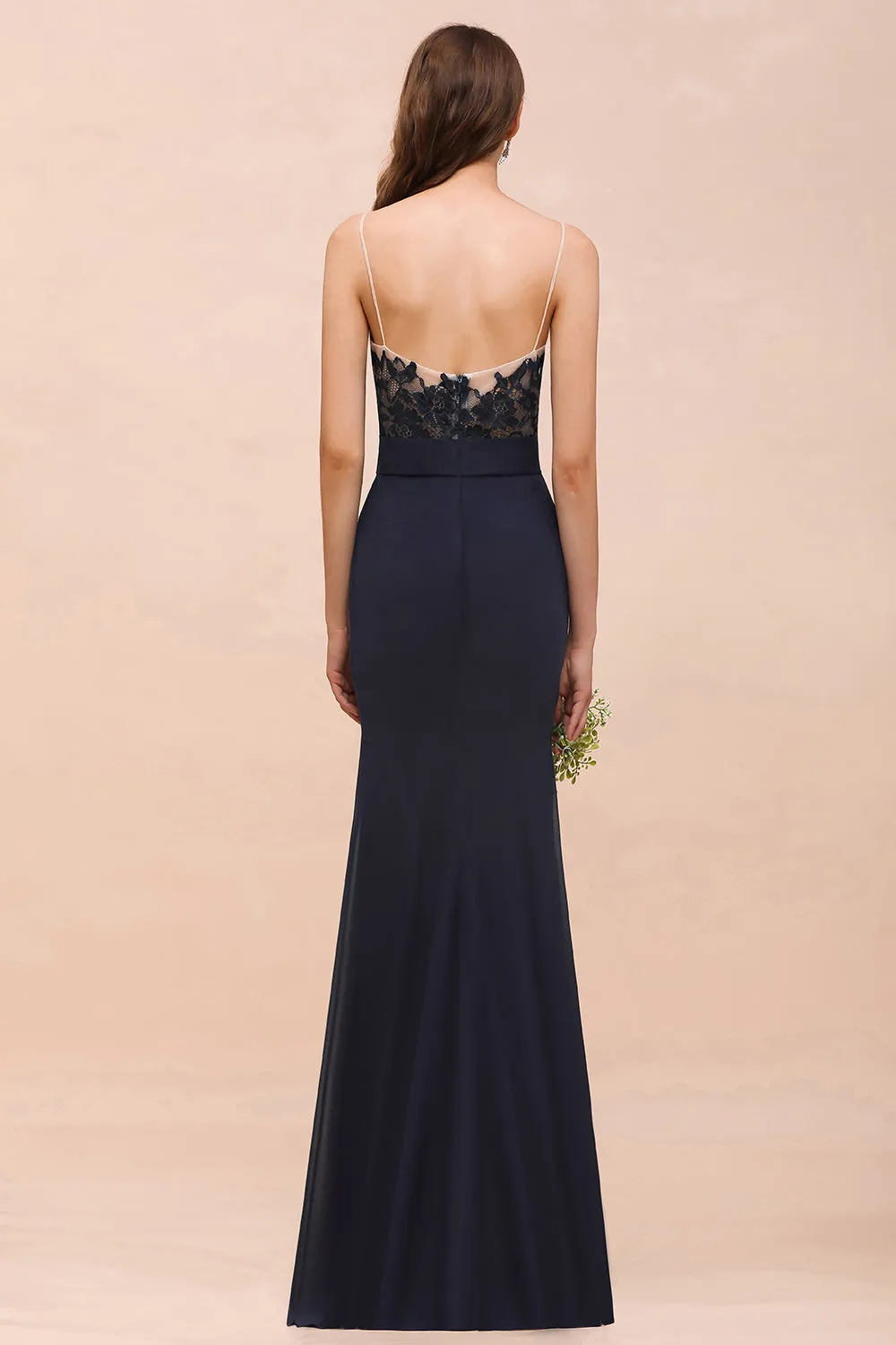 Chic Dark Navy Long Mermaid Spaghetti Straps Bridesmaid Dress with Lace