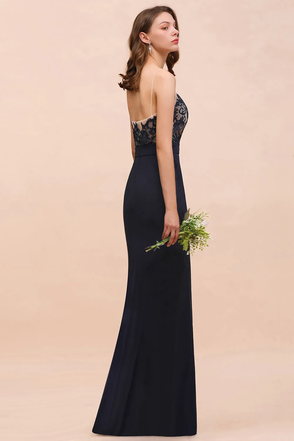 Chic Dark Navy Long Mermaid Spaghetti Straps Bridesmaid Dress with Lace