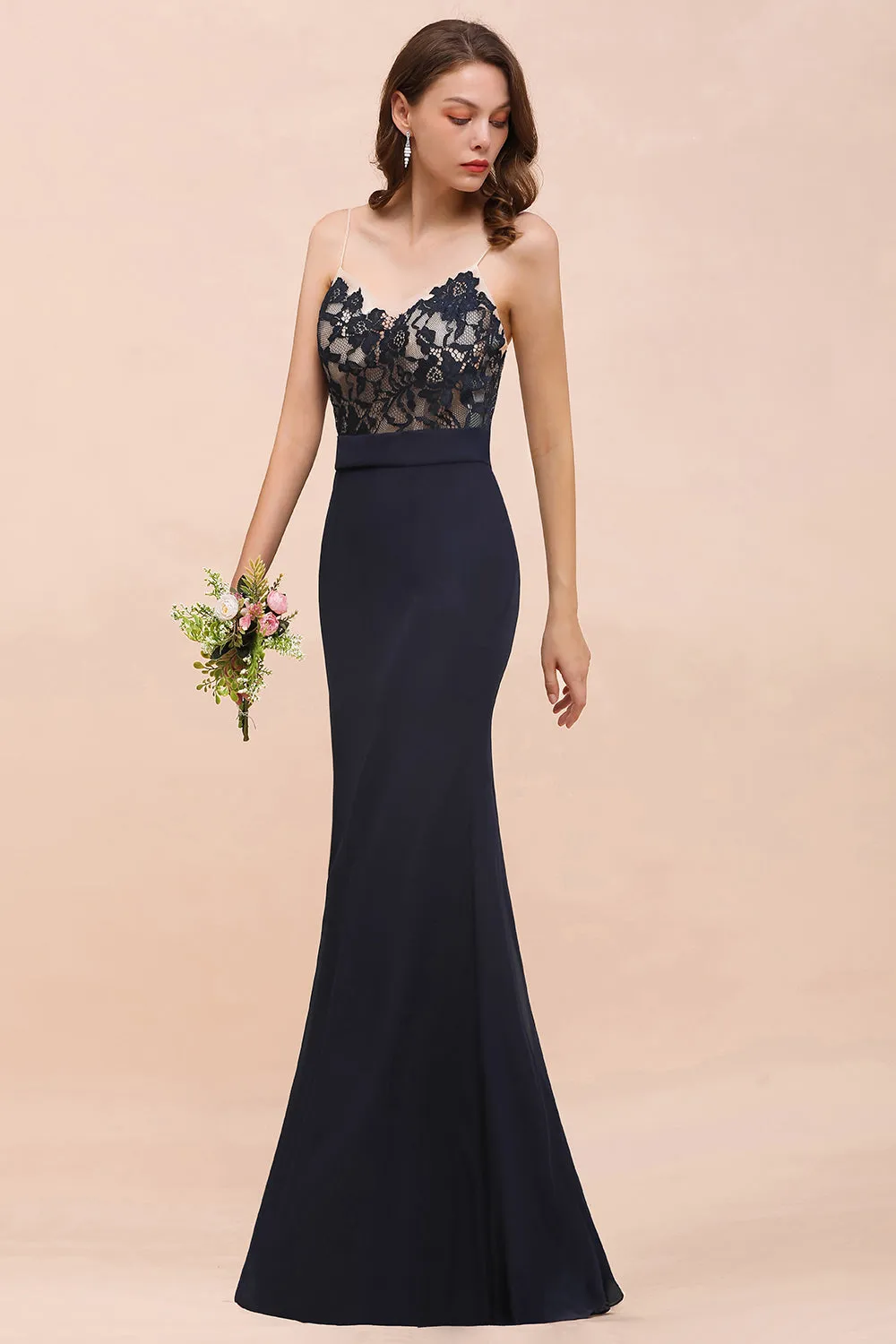 Chic Dark Navy Long Mermaid Spaghetti Straps Bridesmaid Dress with Lace