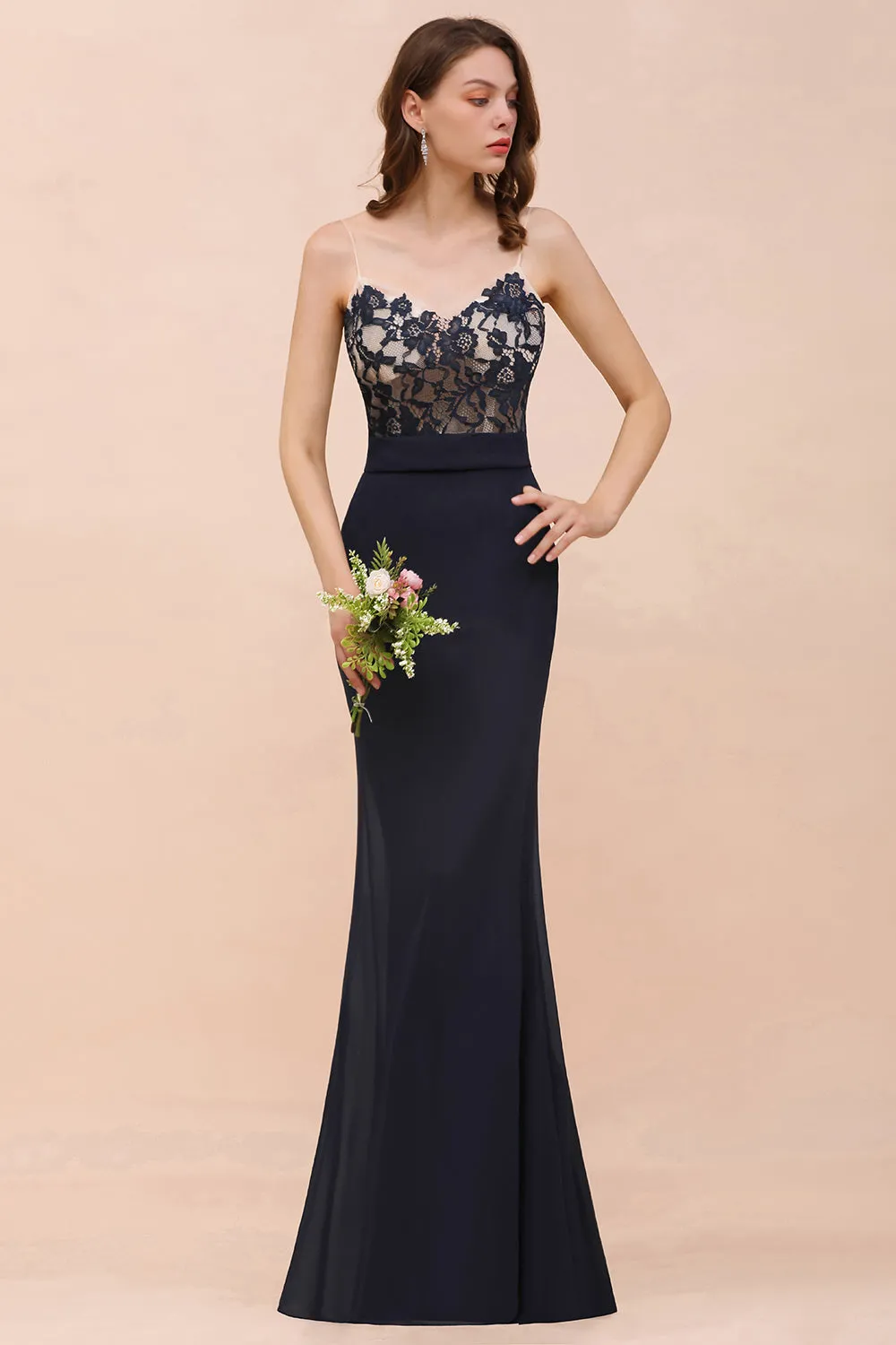 Chic Dark Navy Long Mermaid Spaghetti Straps Bridesmaid Dress with Lace