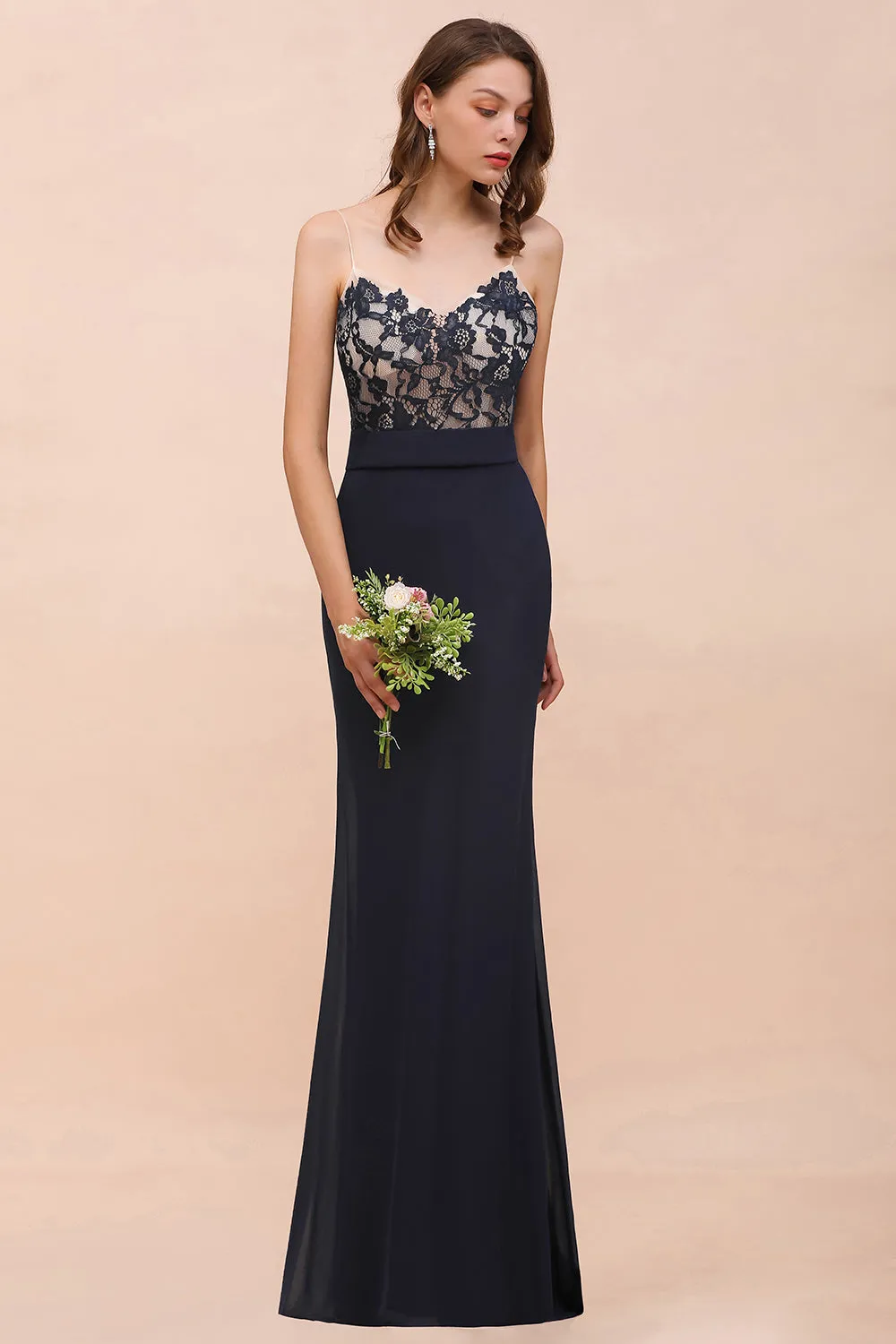 Chic Dark Navy Long Mermaid Spaghetti Straps Bridesmaid Dress with Lace