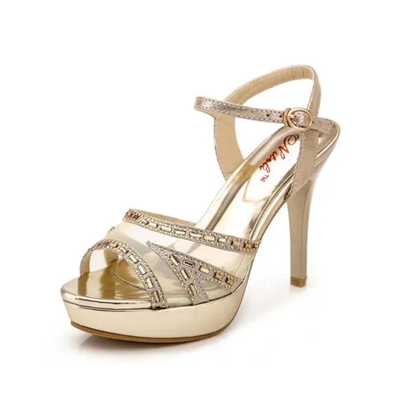 Chicvane Gauze Rhinestone Stilettos Open Toe Pump  Bridal Heels