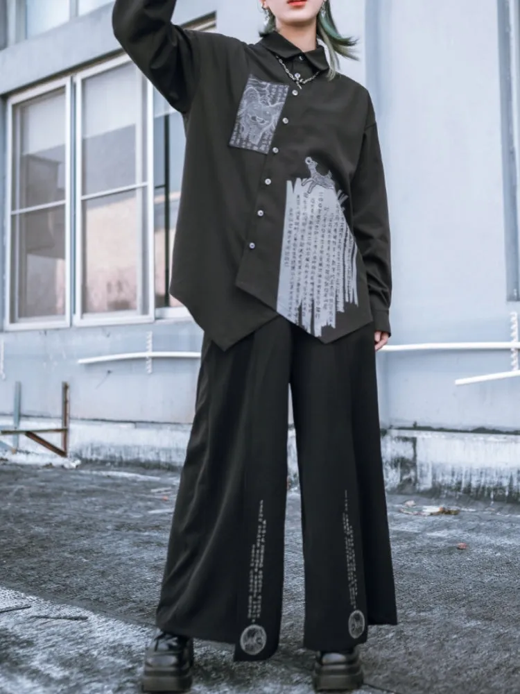Chinese Style Appliqué Embroidery Asymmetrical Black Shirt