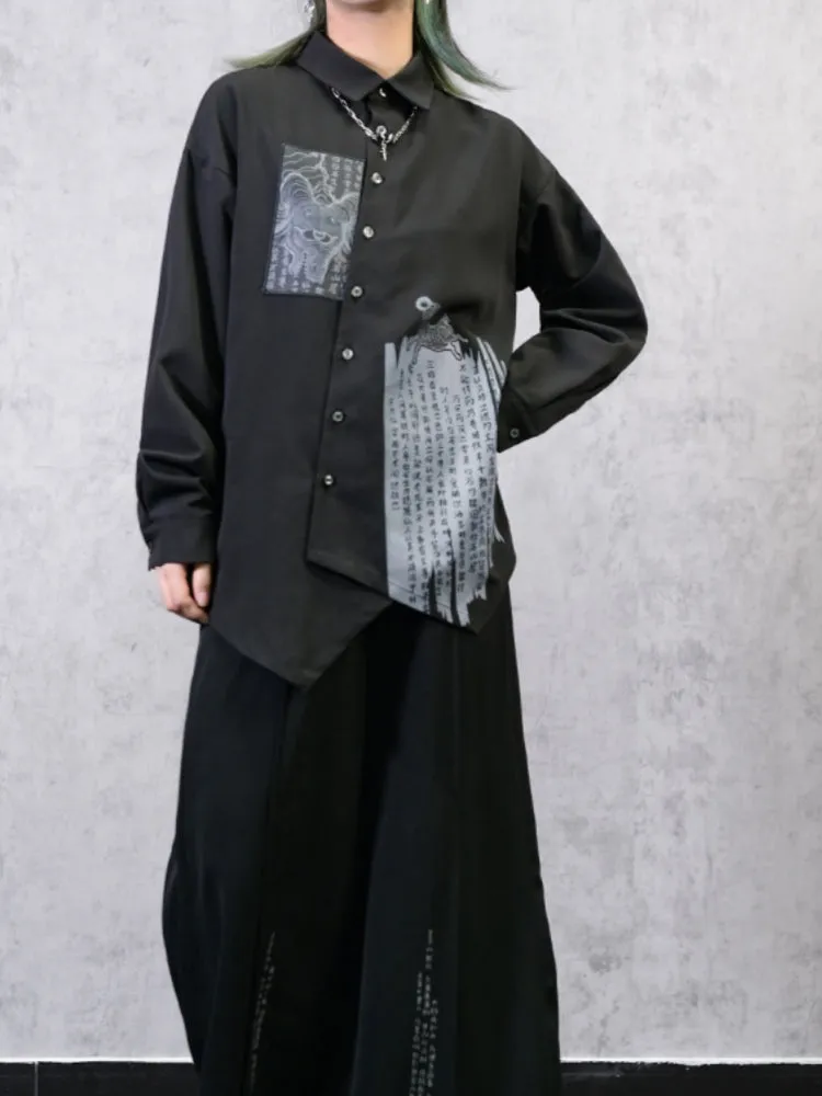 Chinese Style Appliqué Embroidery Asymmetrical Black Shirt