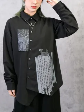 Chinese Style Appliqué Embroidery Asymmetrical Black Shirt