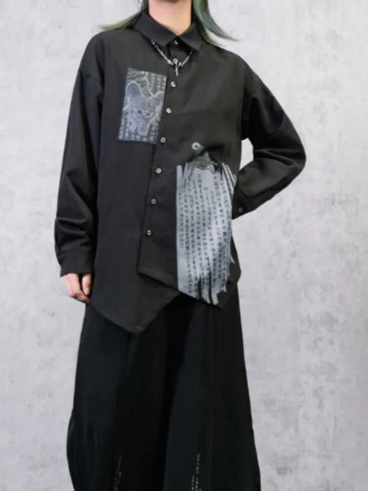 Chinese Style Appliqué Embroidery Asymmetrical Black Shirt