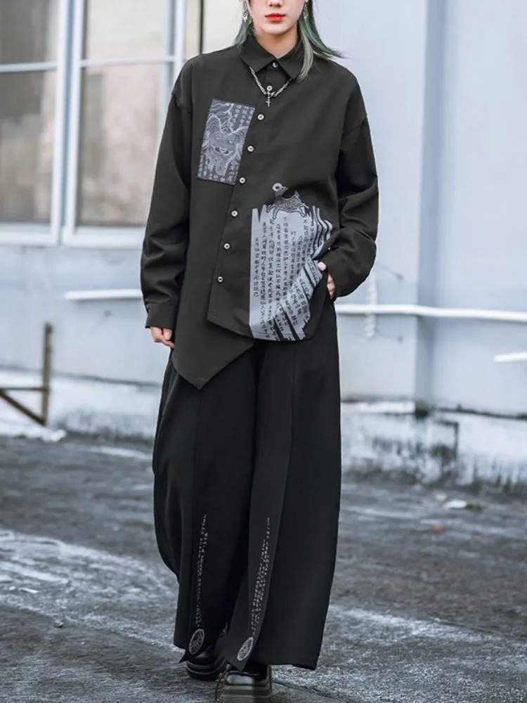 Chinese Style Appliqué Embroidery Asymmetrical Black Shirt