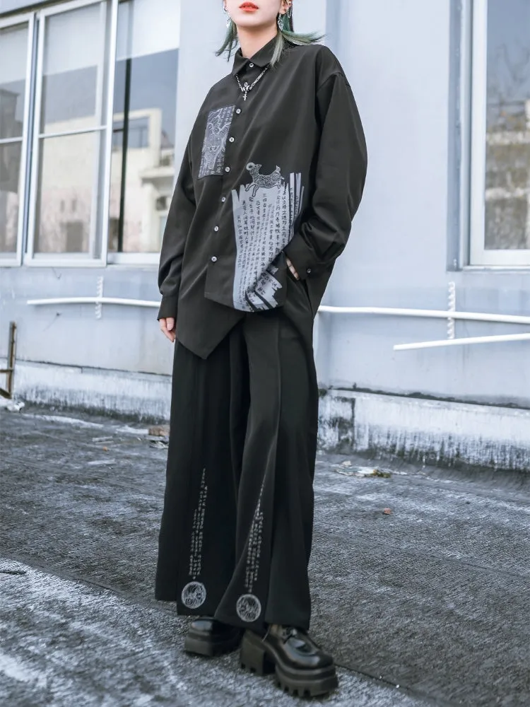 Chinese Style Appliqué Embroidery Asymmetrical Black Shirt