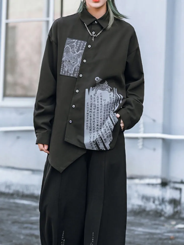 Chinese Style Appliqué Embroidery Asymmetrical Black Shirt