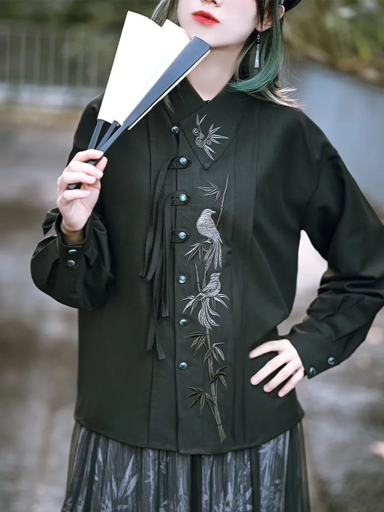 Chinese-Style Embroidered Black Long Sleeve Shirt