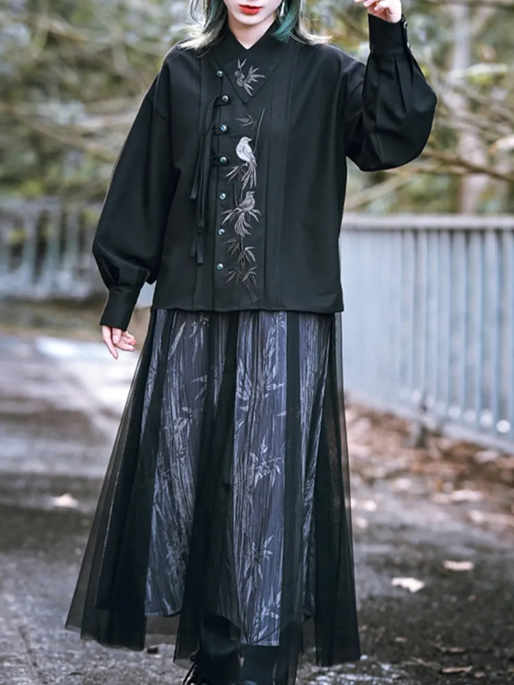 Chinese-Style Embroidered Black Long Sleeve Shirt