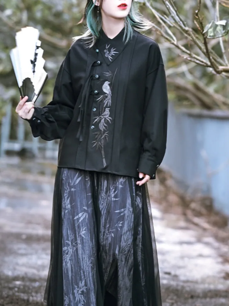 Chinese-Style Embroidered Black Long Sleeve Shirt