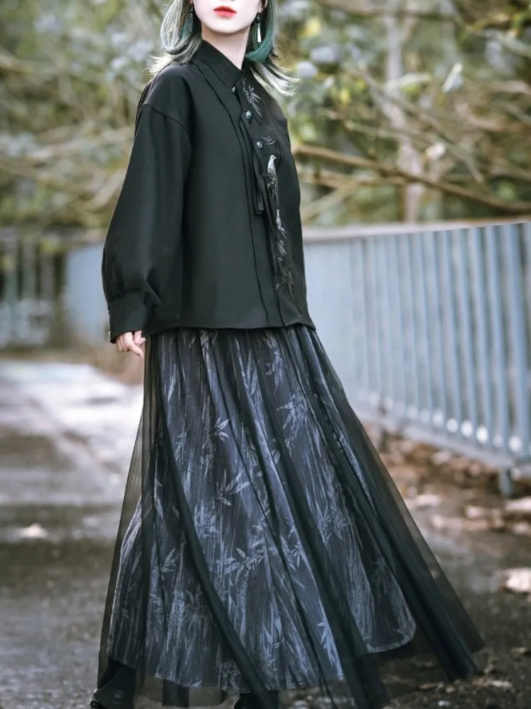 Chinese-Style Embroidered Black Long Sleeve Shirt