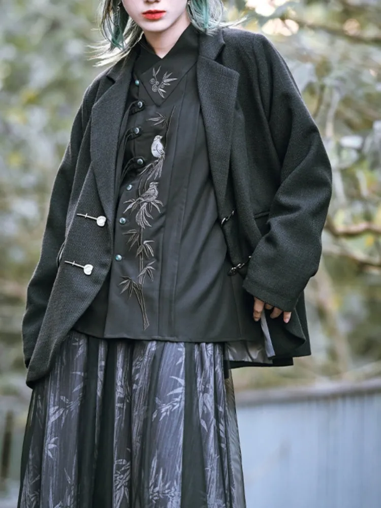 Chinese-Style Embroidered Black Long Sleeve Shirt