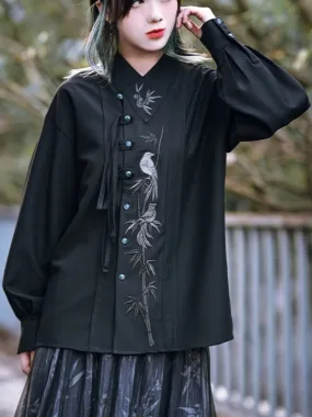 Chinese-Style Embroidered Black Long Sleeve Shirt
