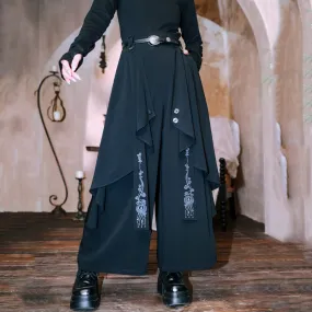 Chinese-style Embroidered Double-layer Asymmetrical Black Wide-leg Pants