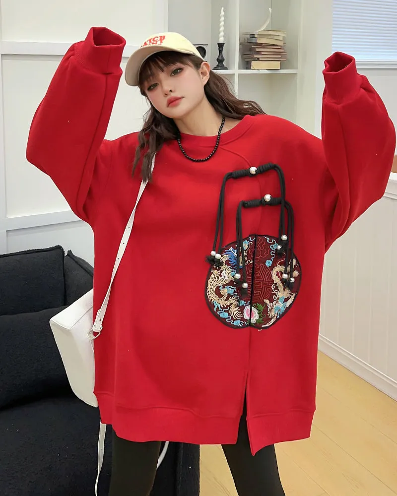 Chinese Style Embroidered Medium-length Loose Plus Size Casual Sweatshirt