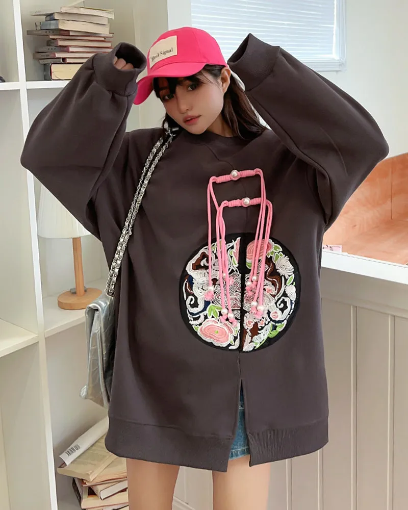 Chinese Style Embroidered Medium-length Loose Plus Size Casual Sweatshirt