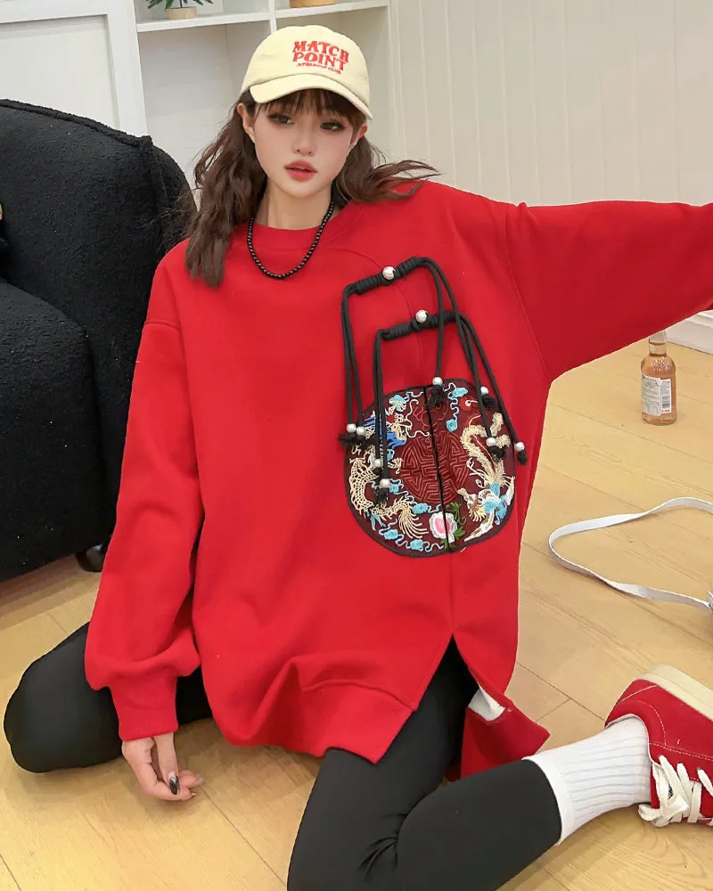 Chinese Style Embroidered Medium-length Loose Plus Size Casual Sweatshirt