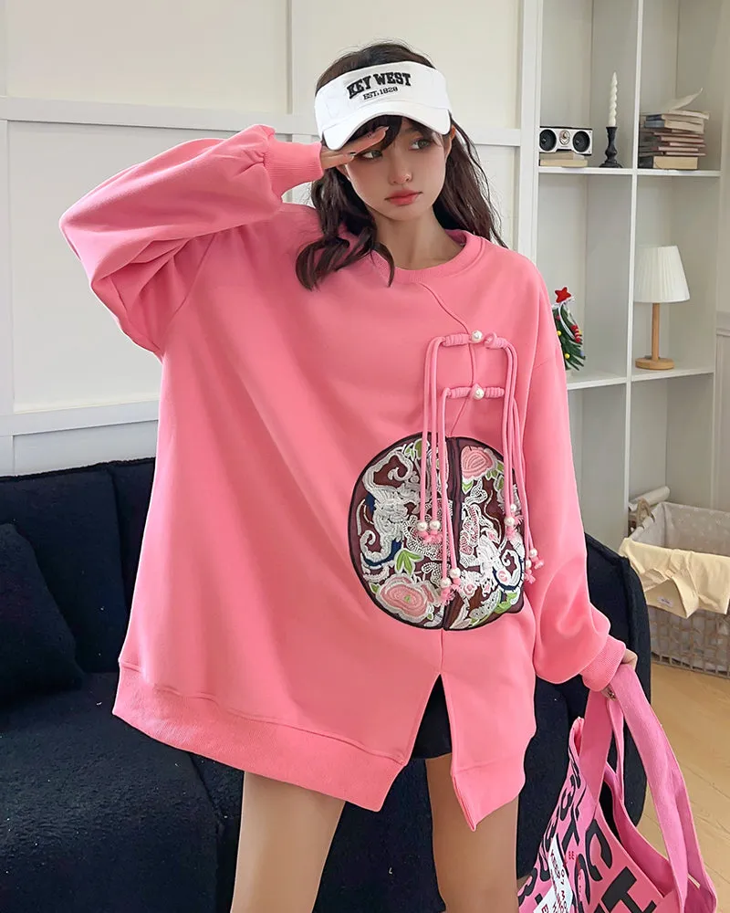 Chinese Style Embroidered Medium-length Loose Plus Size Casual Sweatshirt