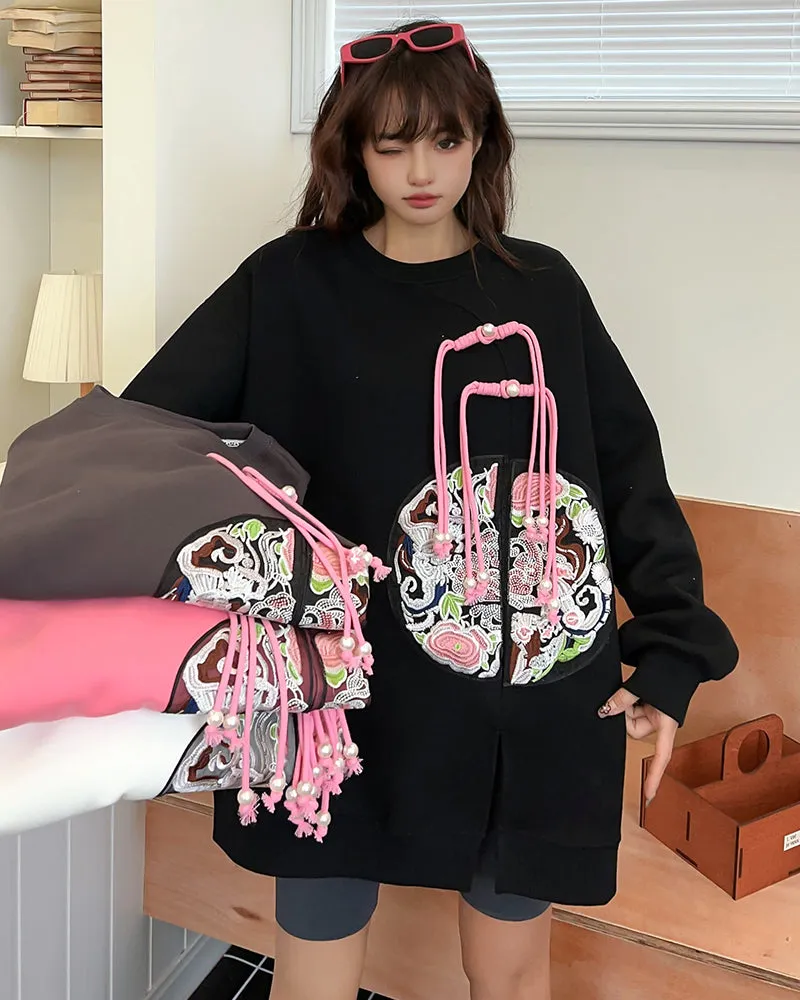 Chinese Style Embroidered Medium-length Loose Plus Size Casual Sweatshirt