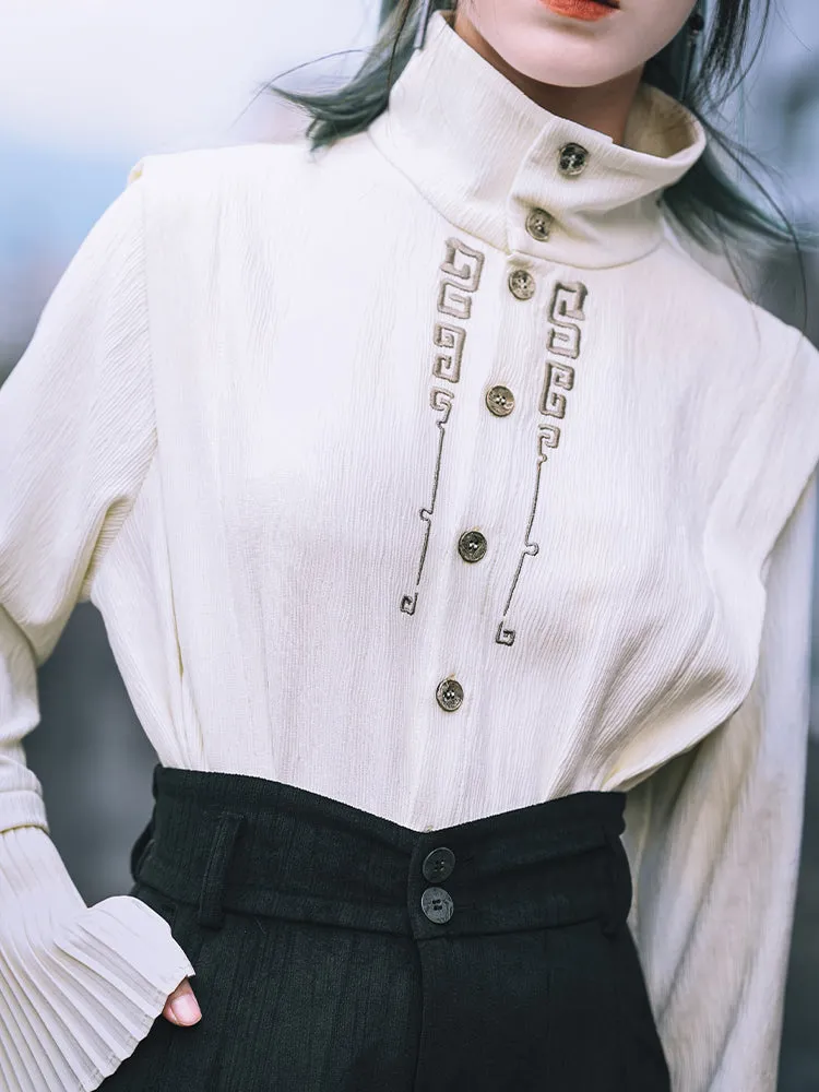 Chinese-style Embroidered Pleated Sleeve Stand Collar Shirt