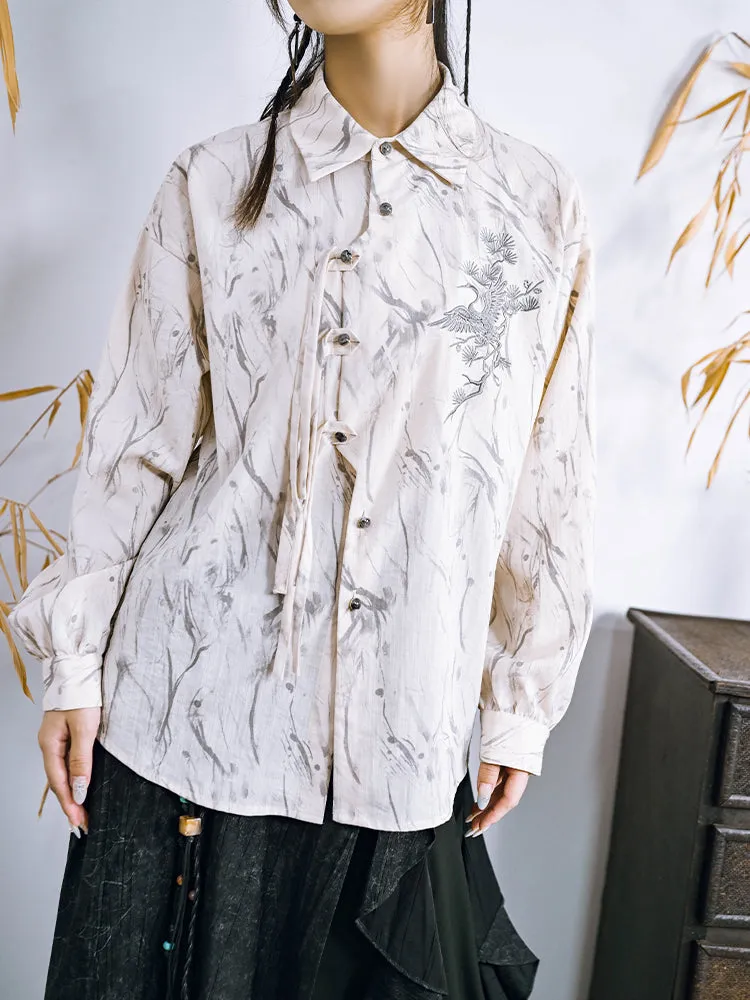 Chinese-Style Embroidered Polo Collar Long Sleeve Shirt