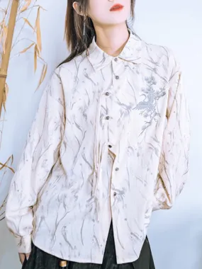 Chinese-Style Embroidered Polo Collar Long Sleeve Shirt