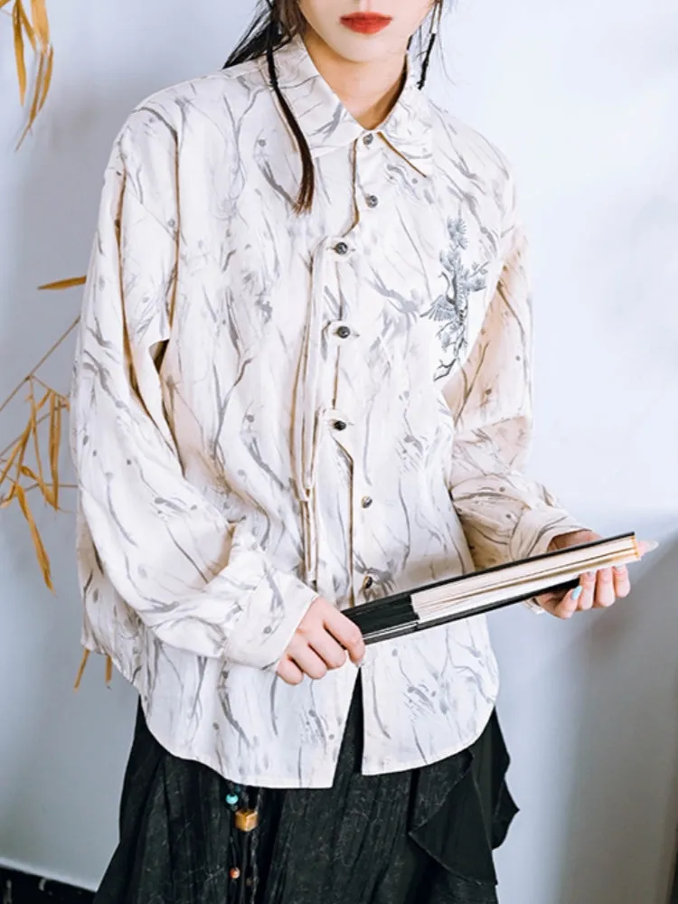 Chinese-Style Embroidered Polo Collar Long Sleeve Shirt