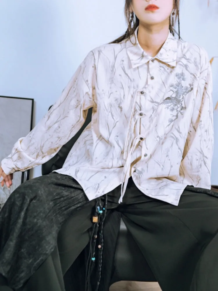Chinese-Style Embroidered Polo Collar Long Sleeve Shirt
