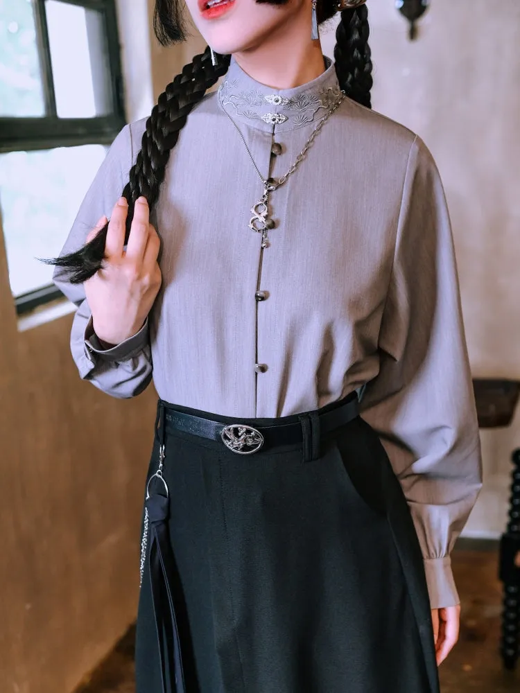 Chinese Style Embroidered Stand-Collar Shirt