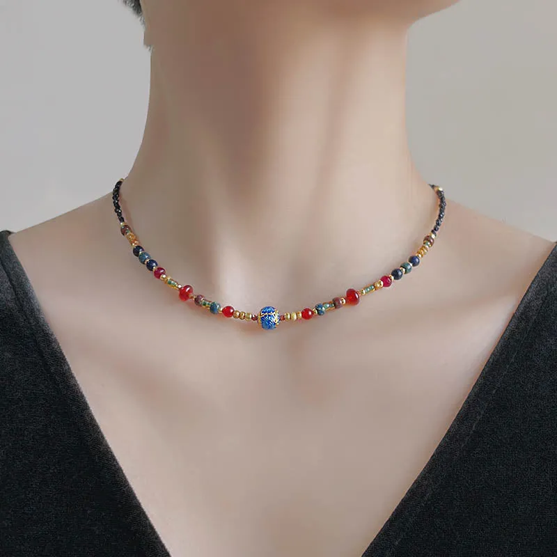 Chinese-style fired blue lucky bead necklace