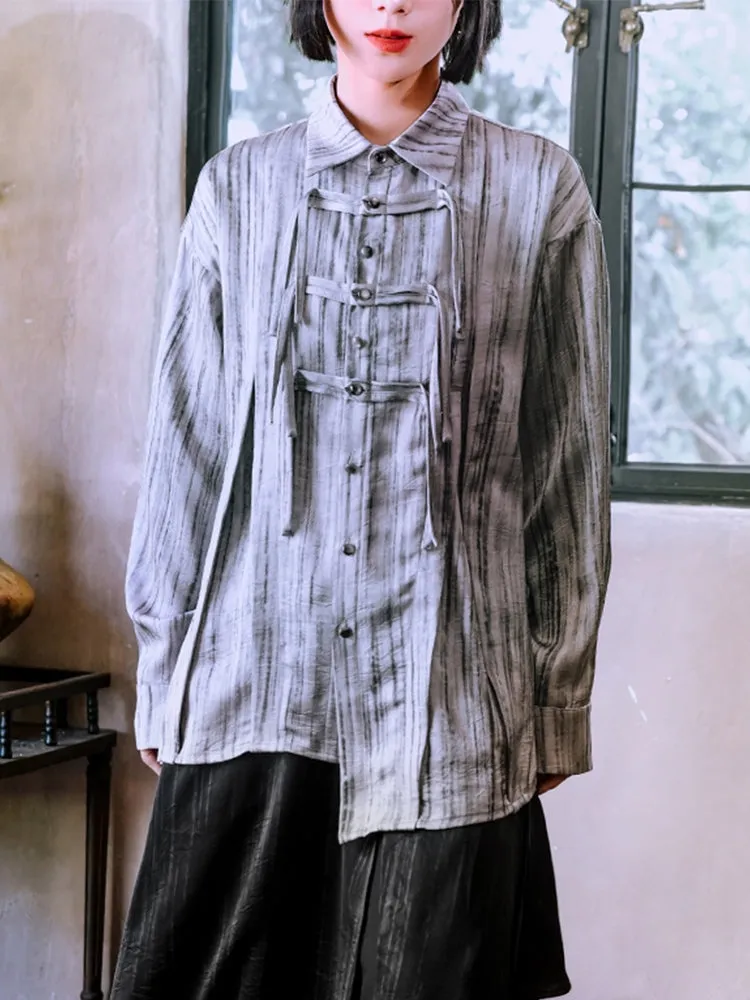 Chinese Style Frog Button Striped Asymmetrical Long-Sleeve Shirt