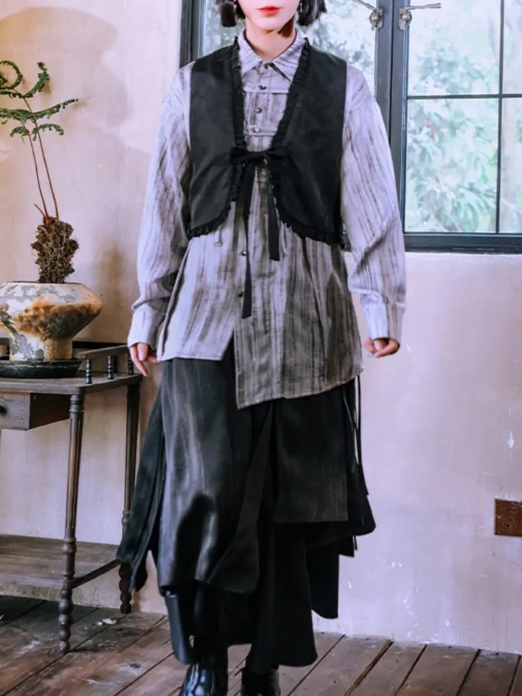 Chinese Style Frog Button Striped Asymmetrical Long-Sleeve Shirt