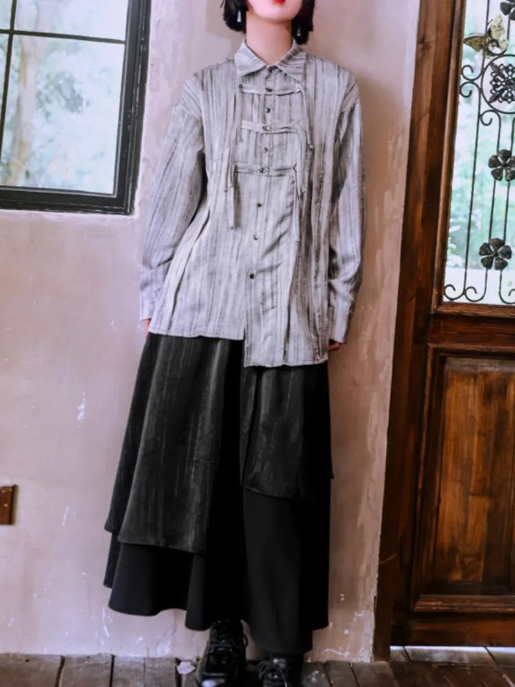 Chinese Style Frog Button Striped Asymmetrical Long-Sleeve Shirt