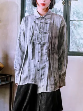 Chinese Style Frog Button Striped Asymmetrical Long-Sleeve Shirt