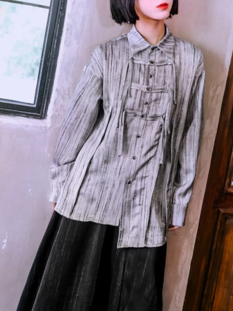 Chinese Style Frog Button Striped Asymmetrical Long-Sleeve Shirt