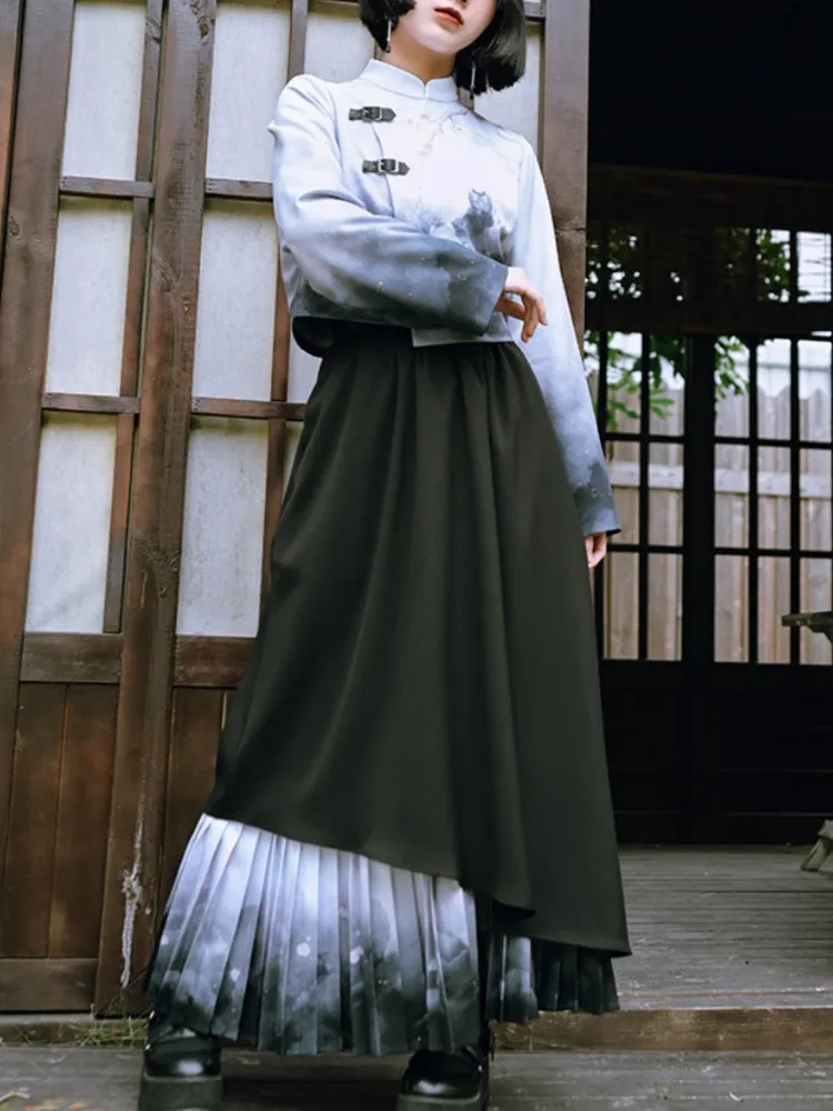 Chinese Style Printed Stand-Collar Top