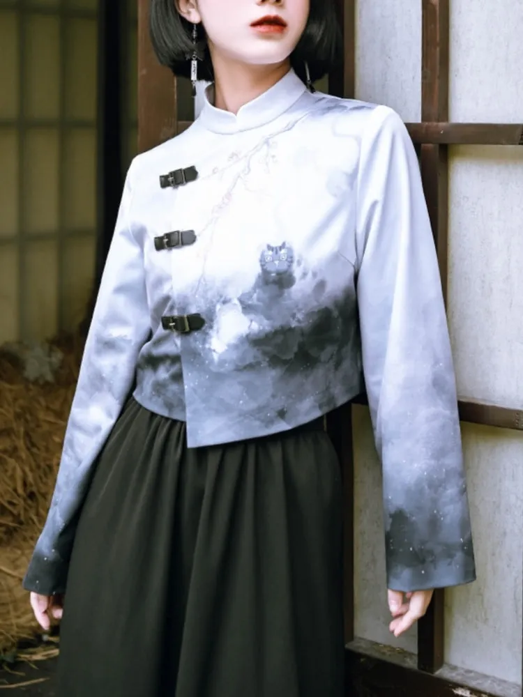 Chinese Style Printed Stand-Collar Top