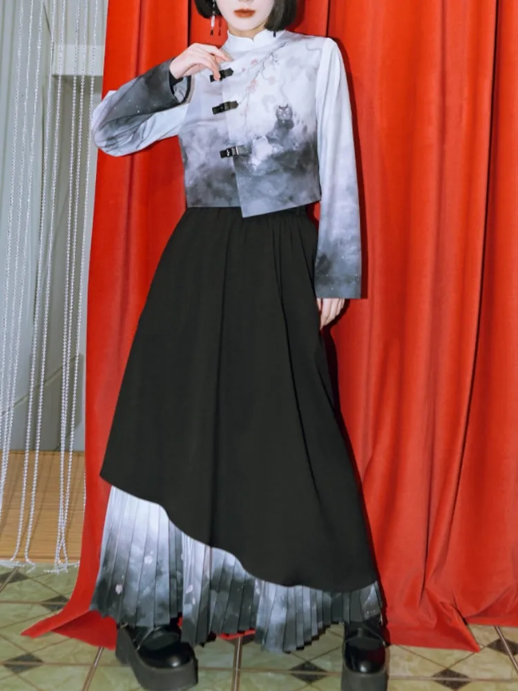 Chinese Style Printed Stand-Collar Top