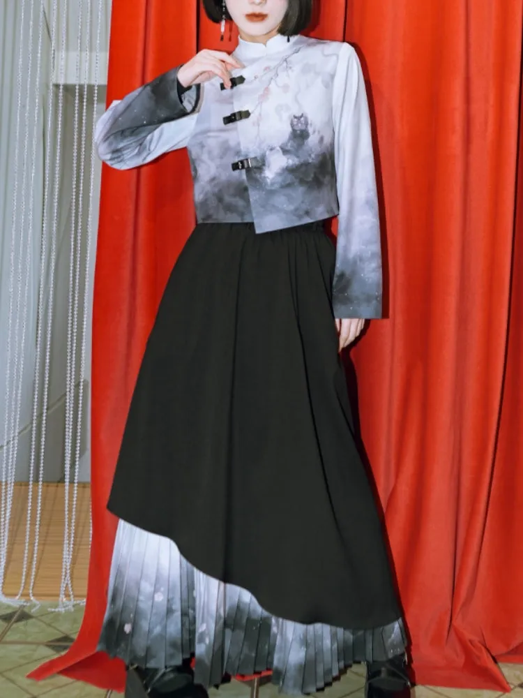 Chinese Style Printed Stand-Collar Top