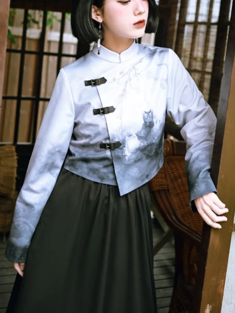 Chinese Style Printed Stand-Collar Top