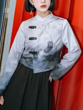 Chinese Style Printed Stand-Collar Top