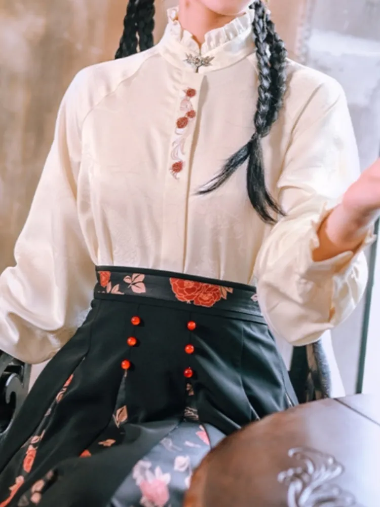 Chinese-Style Stand Collar Embroidered Long Sleeve Shirt