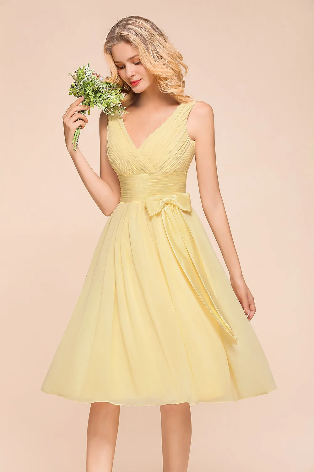 Classy Short A-line Chiffon Wide Straps V-neck Bridesmaid Dress With Bowknot