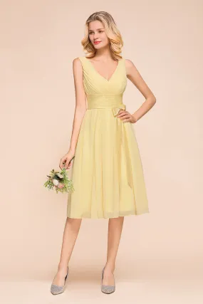 Classy Short A-line Chiffon Wide Straps V-neck Bridesmaid Dress With Bowknot