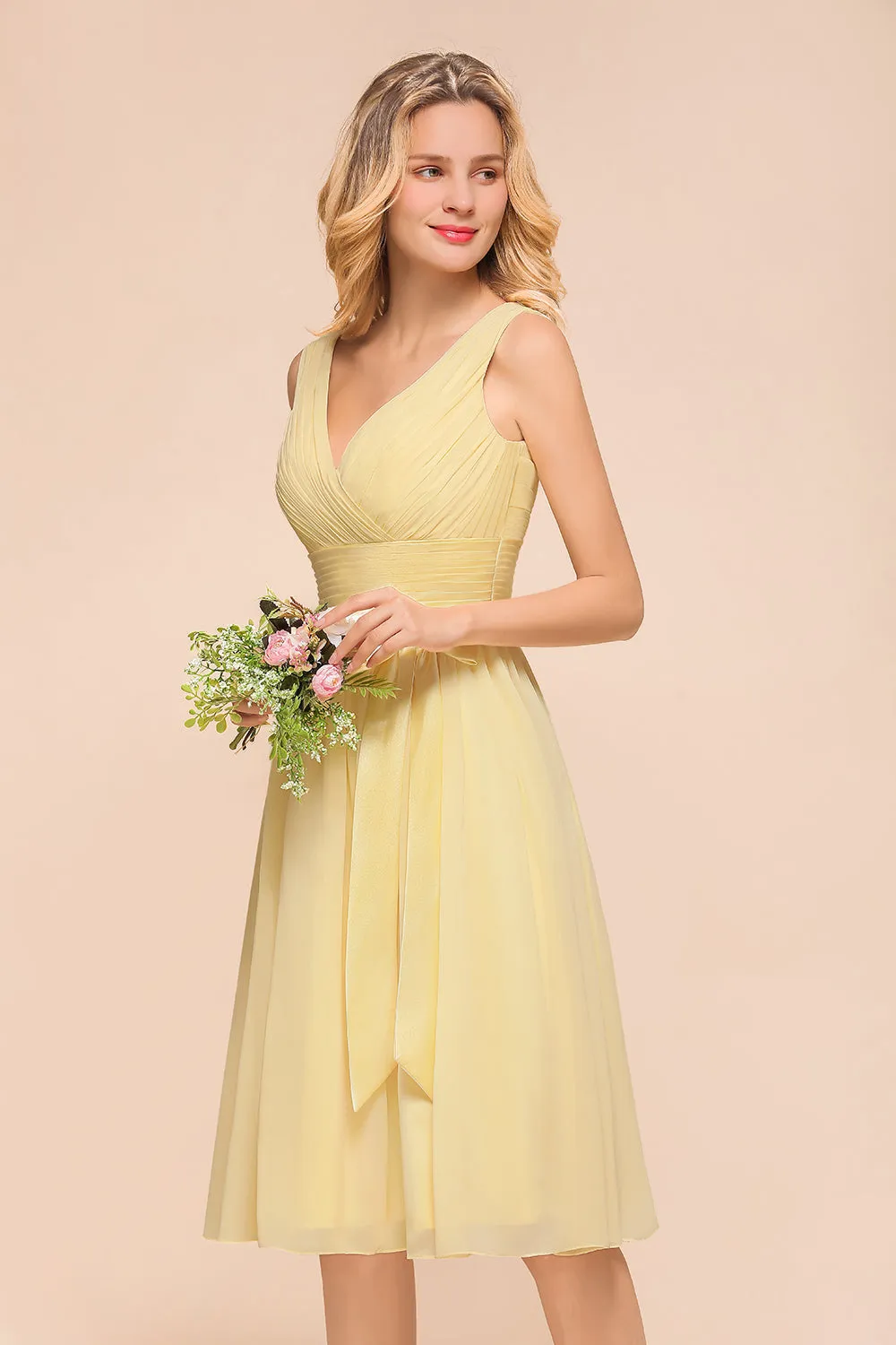 Classy Short A-line Chiffon Wide Straps V-neck Bridesmaid Dress With Bowknot