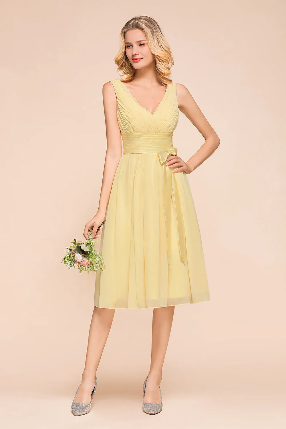 Classy Short A-line Chiffon Wide Straps V-neck Bridesmaid Dress With Bowknot