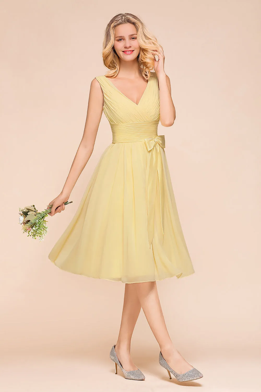 Classy Short A-line Chiffon Wide Straps V-neck Bridesmaid Dress With Bowknot